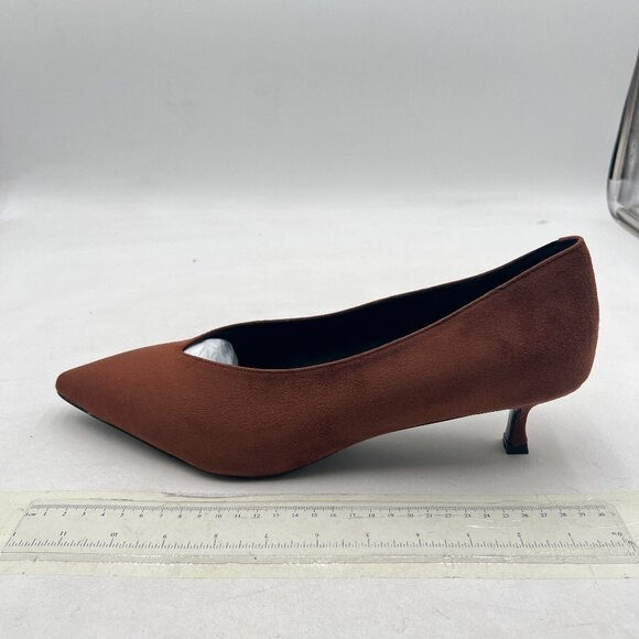 miss left Coffee Kitten Heels Office Professional Shoes Pointed Toe V-Cut Pumps - Picture 2 of 8
